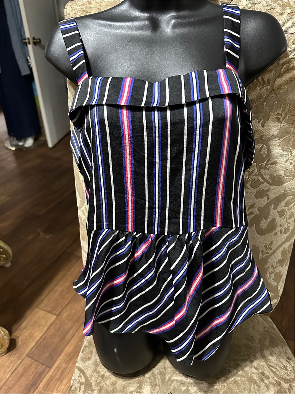 Express Black Striped Peplum Camisole with Blue and Pink Accents